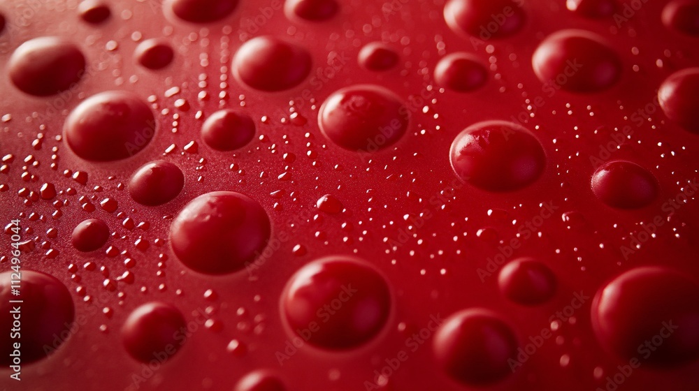 Poster Water droplets creating a textured pattern on a red surface
