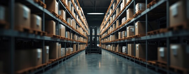 A warehouse interior filled with shelves of neatly stacked boxes, featuring a forklift moving between aisles under bright overhead lights.