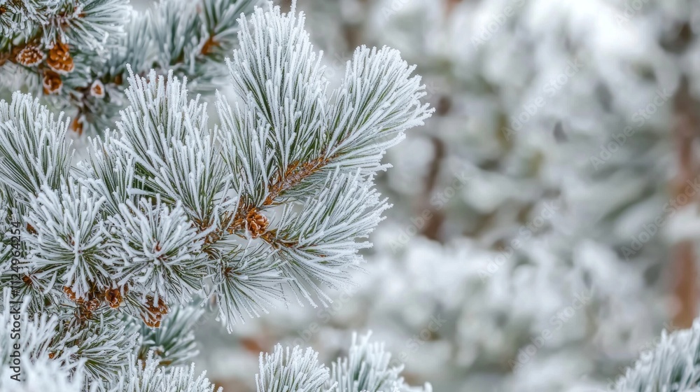 Poster frosted pine branches glisten under a blanket of soft snow, creating a tranquil winter atmosphere. t