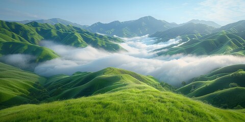 Lush green hills enveloped in soft mist under a bright sky at dawn