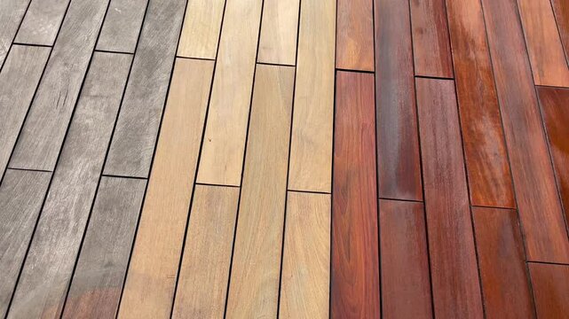 Weathered grey ipe deck before and after staining and sanding wood
