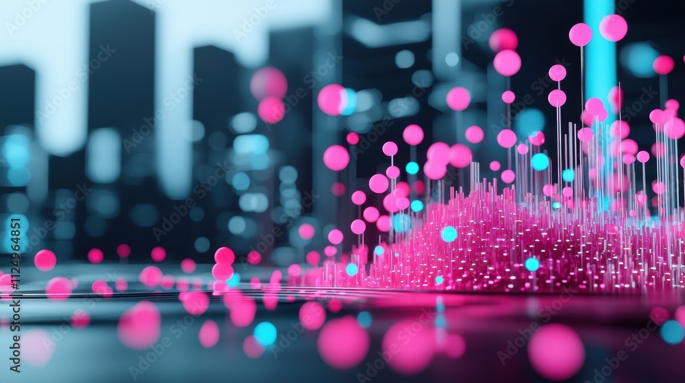 Poster futuristic cityscape with holographic projections of data streams and network connections, symbolizi