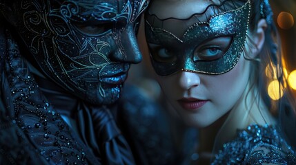 Elegant masked couple enjoying a mysterious moment during a lavish masquerade ball