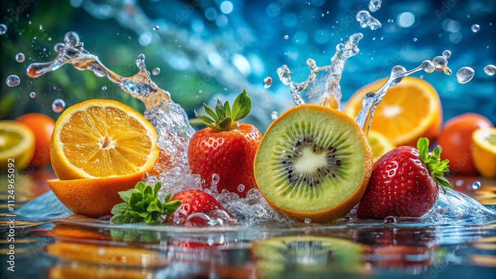 Poster captivating water splash with fresh fruits in motion, showcasing vibrant colors and bokeh effect for