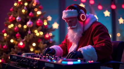 Santa claus dj mixing music at festive party with christmas tree and lights, celebrating merry christmas and happy new year