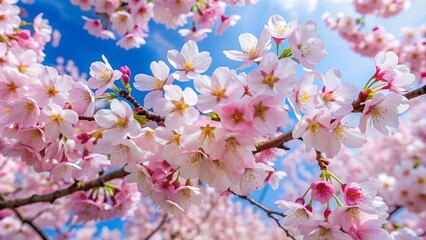 Obraz premium Delicate pink cherry blossoms bloom against a vivid blue sky