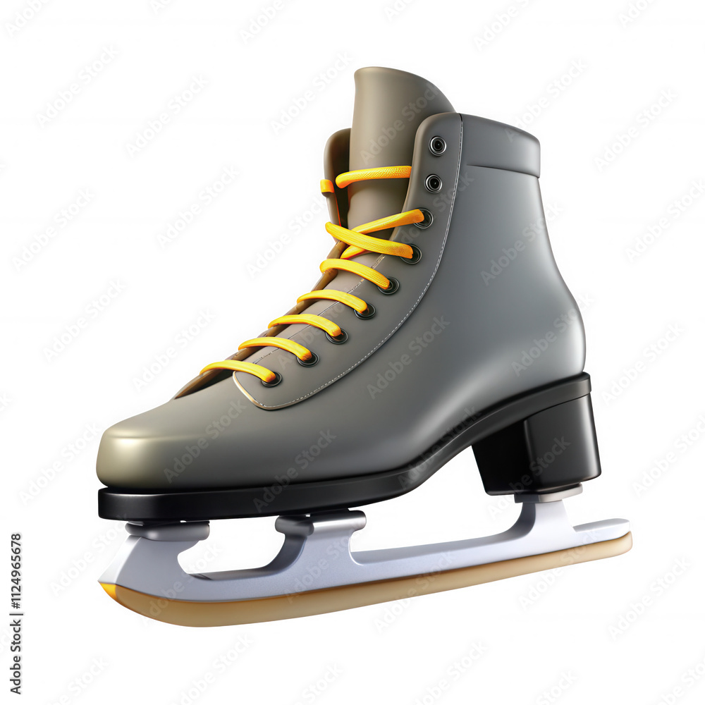 Poster A realistic 3D rendering of an ice skate featuring a gray boot and yellow laces, positioned on a white background. Perfect for sports or animation models.
