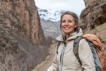 Naklejka premium A smiling woman with a backpack enjoys a scenic mountain trail.
