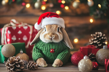 Obraz premium A fluffy bunny wearing a green sweater and red Santa hat, sitting among vibrant holiday presents, glittering baubles, and a warm festive backdrop.