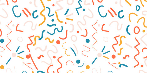 Colorful memphis doodle pattern background with a teal background, featuring vibrant abstract doodle shapes and patterns.