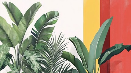 Urban architecture collage featuring tropical plants with colorful geometric background
