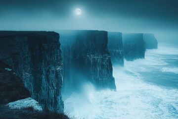 Majestic cliffs rise against a moody ocean under a captivating full moon at dusk. Generative AI