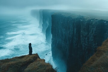 Majestic cliffs rise above the stormy ocean as a solitary figure contemplates nature's power at...