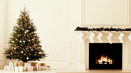 Obraz premium Cozy Christmas living room with decorated tree and fireplace with stockings