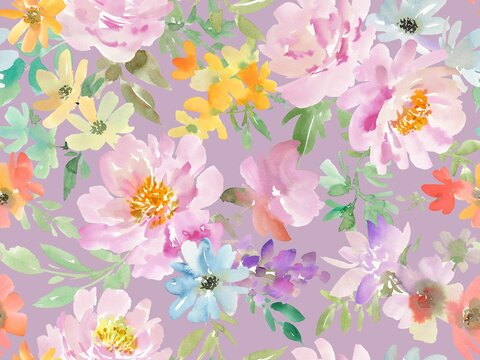 A seamless pattern of abstract peonies and wild flowers painted in watercolor. A floral wallpaper pattern in watercolor. A botanical pattern painted in watercolor for wedding invitations