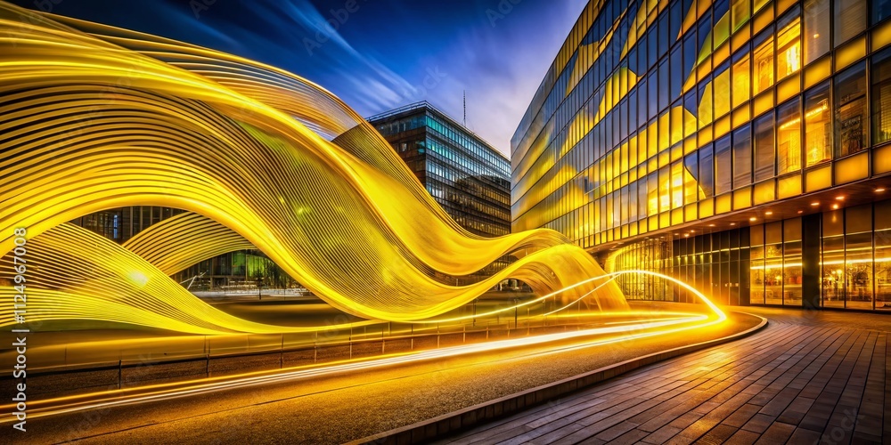Poster captivating yellow abstract wave design with neon gradient flow, enveloping curves, and dynamic moti