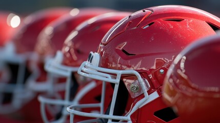 Fototapeta premium Football training session sports field image of red helmets outdoor environment close-up