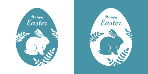 Easter egg silhouette with rabbit or cute bunny and Happy Easter isolated on white. Monochrome painted egg, stencil style, paper cutting effect. Vector clipart for holiday design and print.
