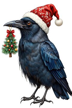 Ai un corvo con cappello rosso tiene nel becco un albero di natale 03