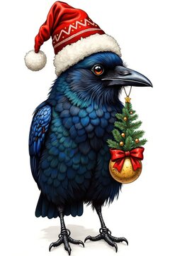 Ai un corvo con cappello rosso tiene nel becco un albero di natale 04