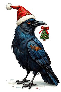 Ai un corvo con cappello rosso tiene nel becco un albero di natale 02