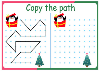 activities for children. Copy the path. Logic games for children. Vector illustration. The book is square format. New Year. Christmas