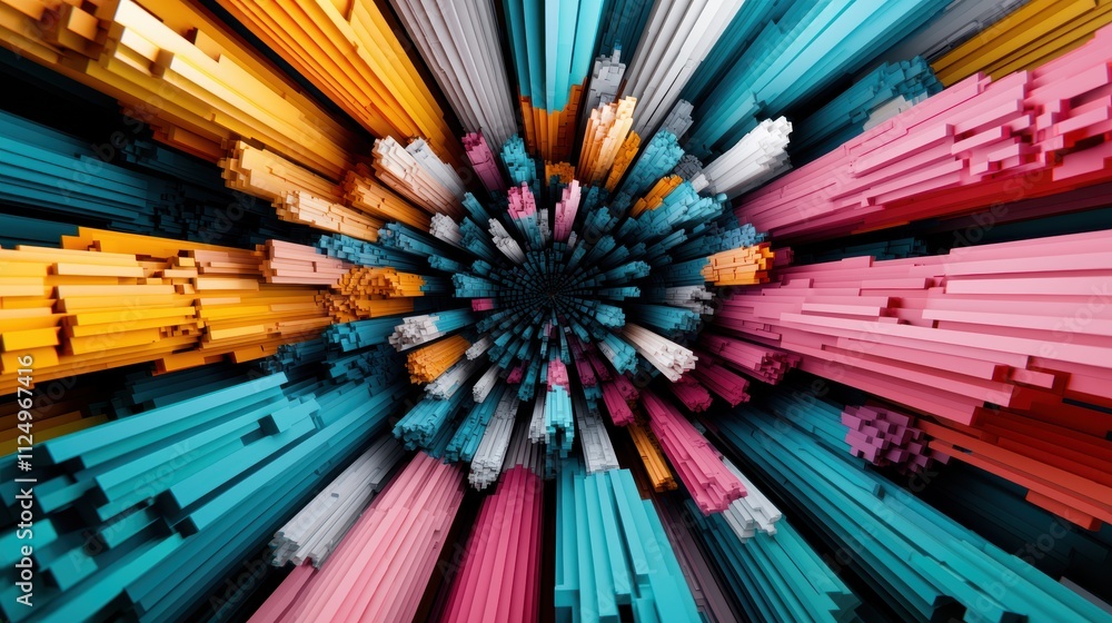 Poster colorful network pattern forming a futuristic cityscape with glowing buildings and interconnected pa