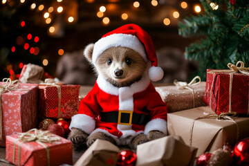A holiday-themed picture of a bear cub in Santa clothes, surrounded by wrapped presents and festive decorations, perfect for cozy family cards.