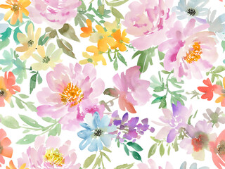 A seamless pattern of abstract dusty pink peonies and wild flowers painted in watercolor with transparent background. A floral wallpaper pattern in watercolor. Floral pattern for wedding invitations