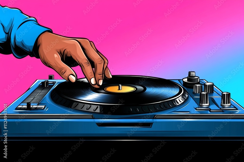 Poster a clean illustration of a dj hand scratching a record on a turntable, drawn with simple, bold lines 