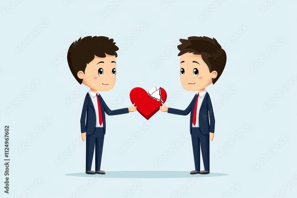 Poster a clean illustration of two figures holding a broken heart between them, symbolizing mutual separati