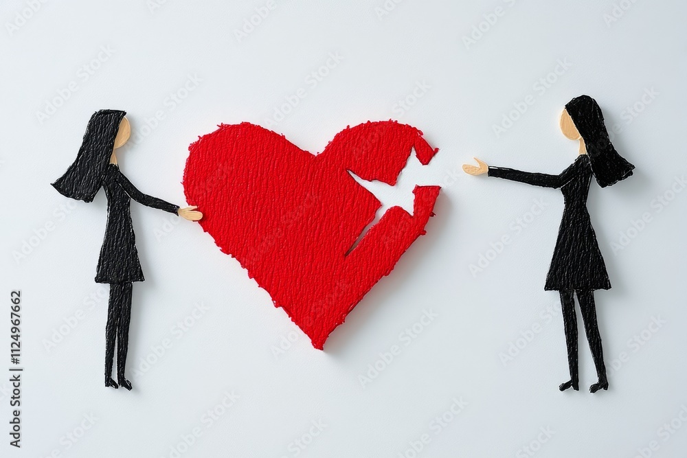 Poster a clean illustration of two figures holding a broken heart between them, symbolizing mutual separati