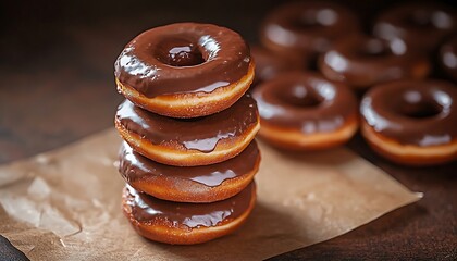A stack of mini chocolate donuts with a glossy glaze on a brown parchment paper