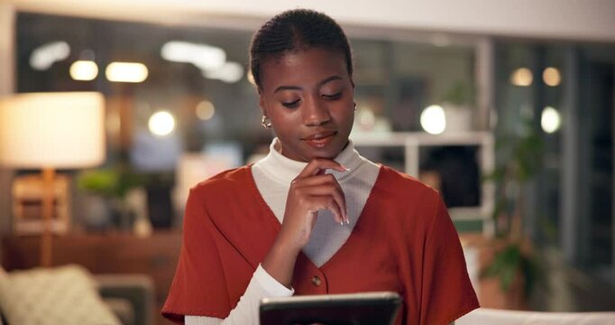 Black woman, thinking and night with tablet for research, online browsing or ideas at office. African, female person or thoughtful designer working late on technology for schedule or project deadline