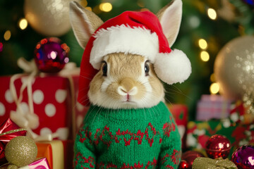 A charming rabbit in a green holiday sweater and Santa hat, surrounded by colorful presents, glittering baubles, and a warm festive scene.