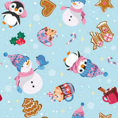 Seamless Pattern with cute cartoon Christmas penguins, snowman, gifts and Christmas gingerbread. For decoration textile, packaging.