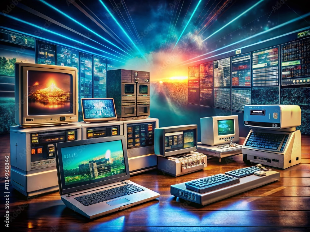 Poster capturing the evolution of computers: a double exposure journey through time, from early machines to