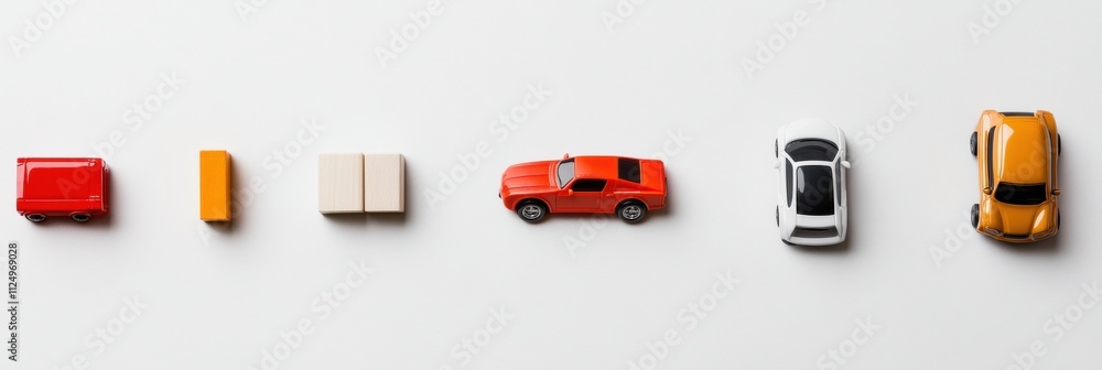 Poster a vibrant collection of toy cars, building blocks, and dolls is neatly laid out on a white backgroun