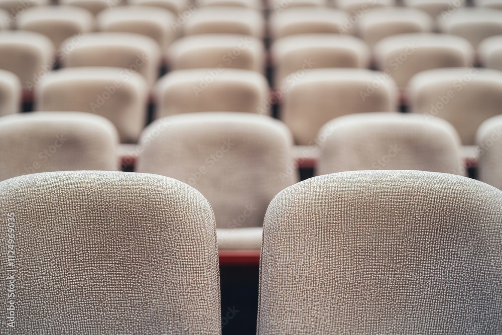 Poster a series of upholstered chairs arranged in neat rows, emphasizing their texture and uniformity, perf