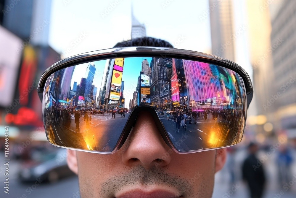 Poster A close-up of augmented reality glasses projecting interactive digital menus in a busy urban environment