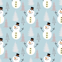 Cartoon wallpaper snowman pattern alternating with trees in a seamless row hand-drawn cute sweet blue soft with white dots alternating fashion education gift paper book