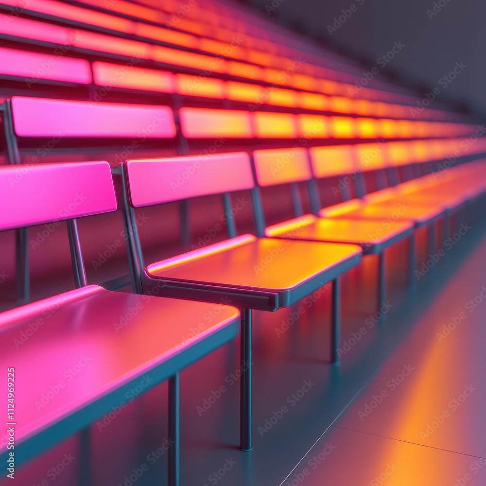 Poster a vibrant row of modern benches illuminated by colorful neon lights, creating a striking visual effe