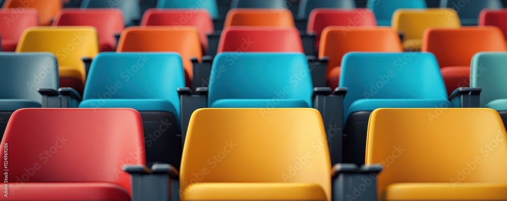 Poster a vibrant array of colorful chairs arranged in rows, creating a lively and inviting atmosphere, perf