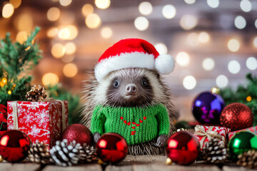 Obraz premium A tiny porcupine in a festive green sweater and red Santa hat, surrounded by colorful ornaments, presents, and a cozy Christmas background.