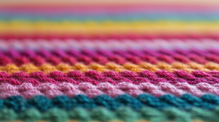 Fototapeta premium A colorful, textured fabric features horizontal stripes in vibrant shades, showcasing intricate patterns and a cozy aesthetic.