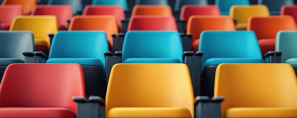 Naklejka premium A vibrant array of colorful chairs arranged in rows, creating a lively and inviting atmosphere, perfect for gatherings or events.