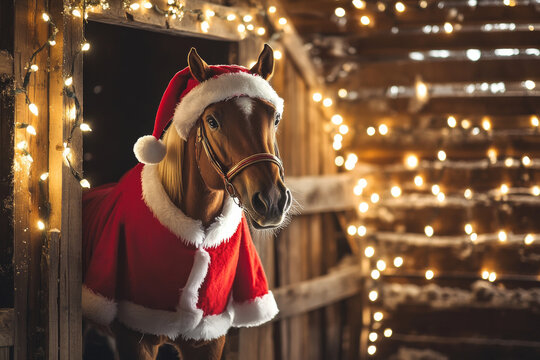 A holiday-themed picture of a horse wearing a Santa outfit, standing in a festive stable with Christmas lights, ideal for rustic seasonal promotions.