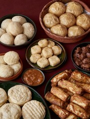 Obraz premium A vibrant spread of various dumplings, rolls, and snacks served in bowls, showcasing a delightful assortment of textures and flavors.