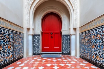 A colorful mosaic door in a Moroccan riad, surrounded by intricate tile work and decorative arches