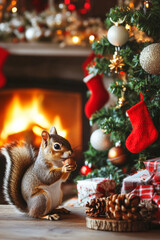 A tiny squirrel holding a Christmas nut ornament, sitting near a glowing fireplace surrounded by festive decorations, including garlands, stockings, and a beautifully decorated holiday tree.
